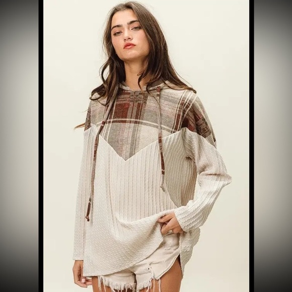 BIBI PLAID BRUSH KNIT CONRAST CABLE KNIT HOODIE - Picture 5 of 7